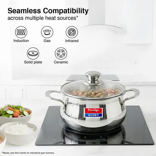 Prestige Glory Stainless Steel Cookware Handi 22 Cm / 5.0 L With Glass Lid - Detail View